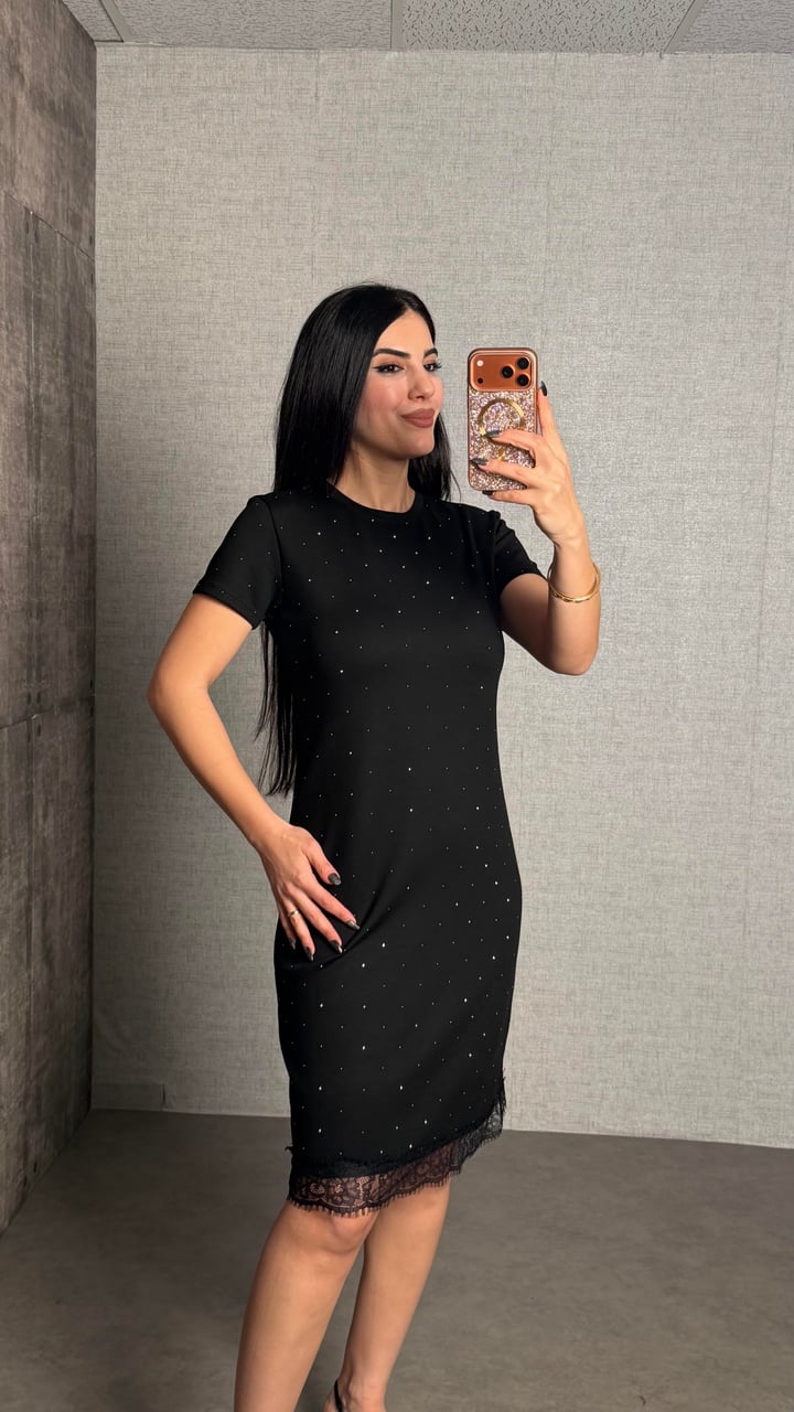 Caro Siyah Taşlı Basic Modal Elbise