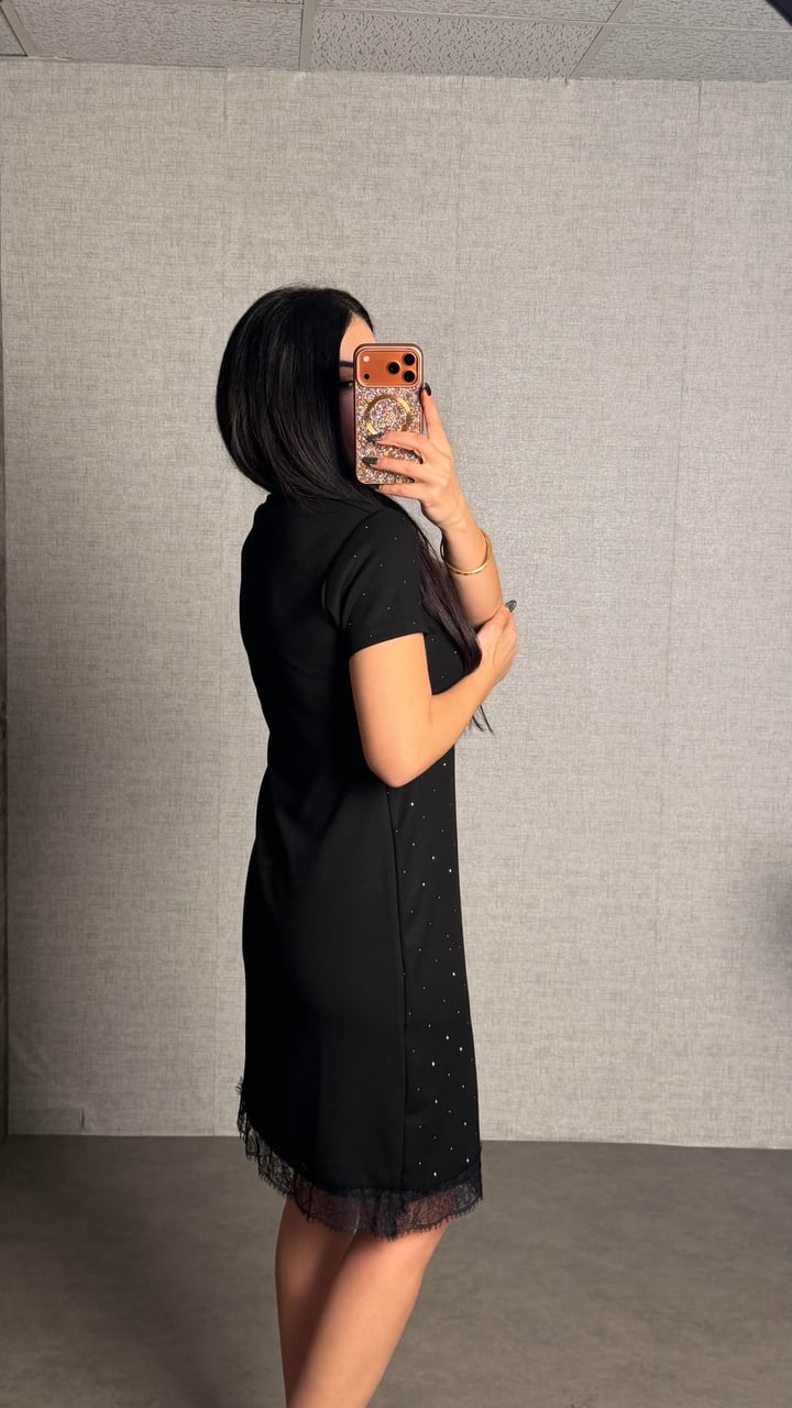 Caro Siyah Taşlı Basic Modal Elbise