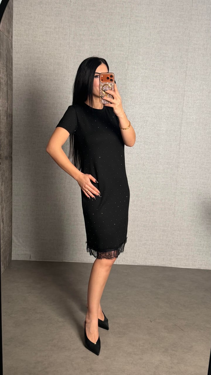 Caro Siyah Taşlı Basic Modal Elbise