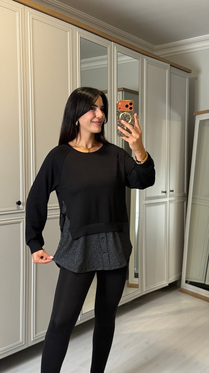Carola Tasarım Siyah Çizgili Yandan Bağlamalı Gömlekli Bluz