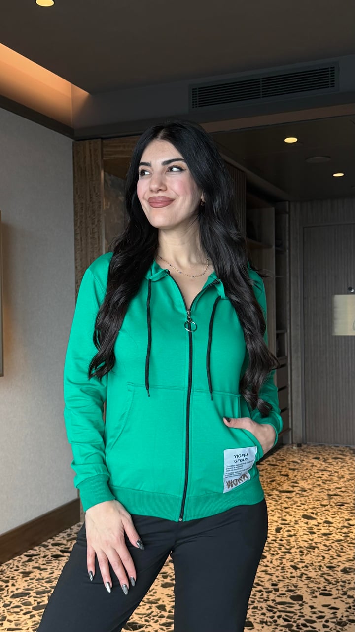Cary Yeşil Fermuarlı Kapüşonlu Sweatshirt