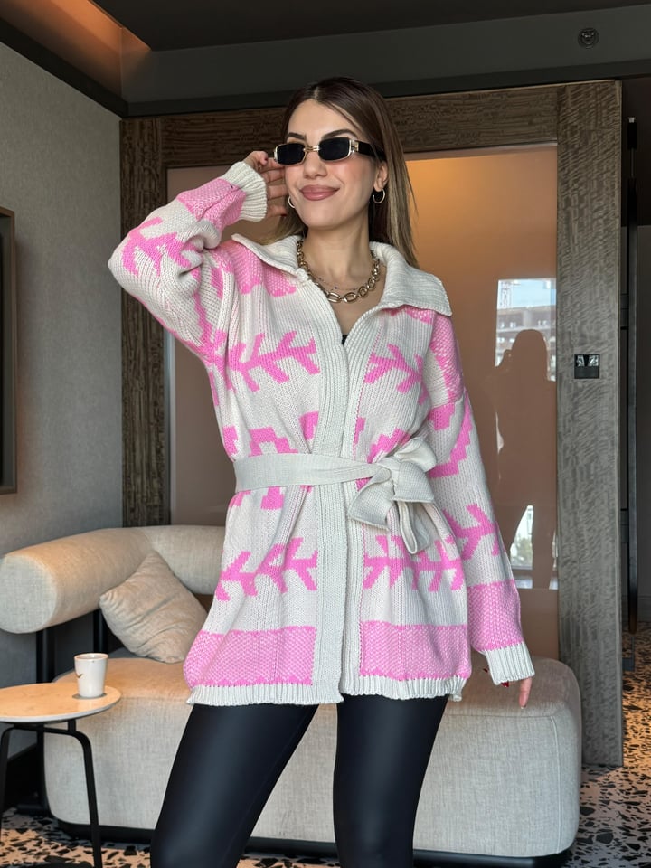 Cathy Pembe Desenli Triko Hırka