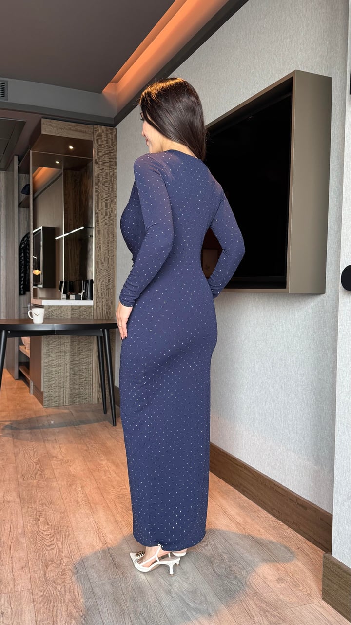 Chloe Lacivert Taşlı Yırtmaç Detaylı Elbise