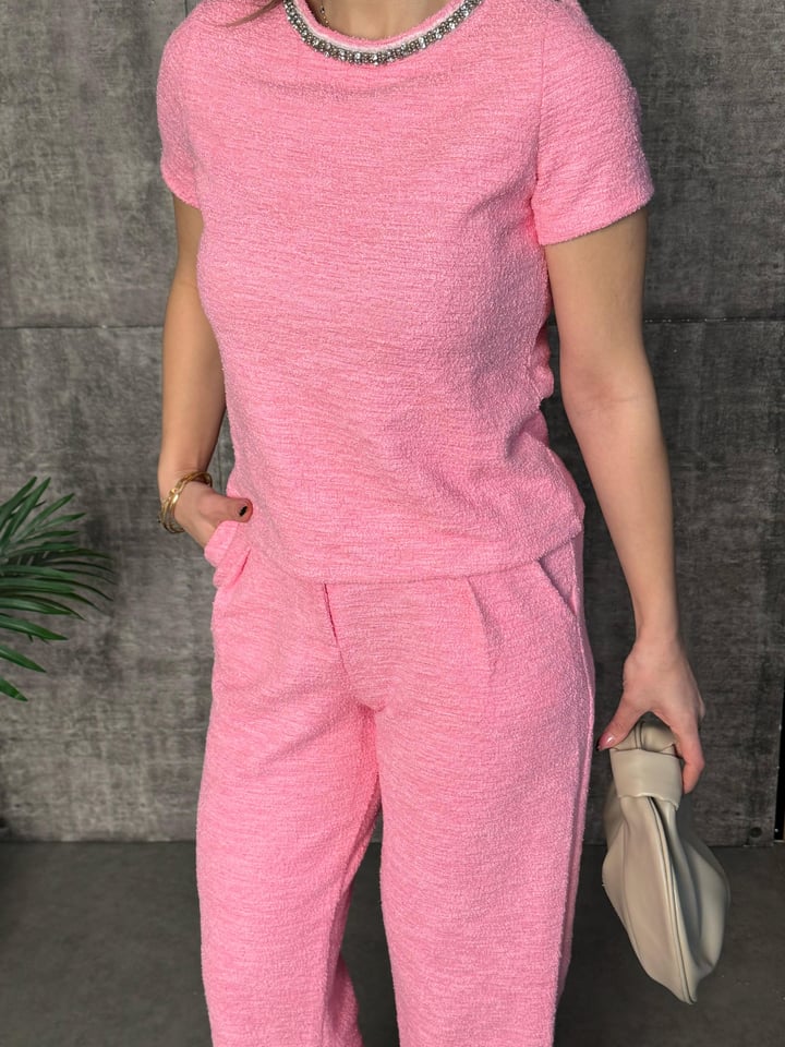 Cicos Pembe Taş Kolye Detaylı Jakar İkili Takım