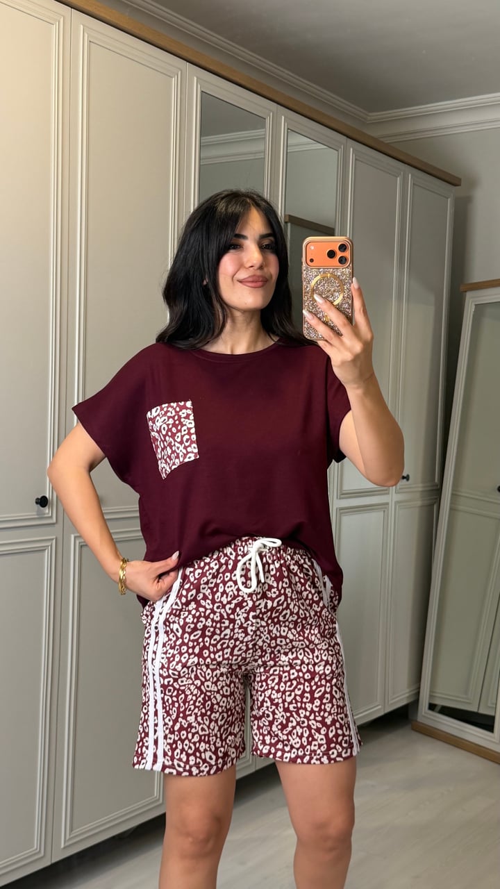 Cindy Bordo Leopar Şortlu İkili Takım