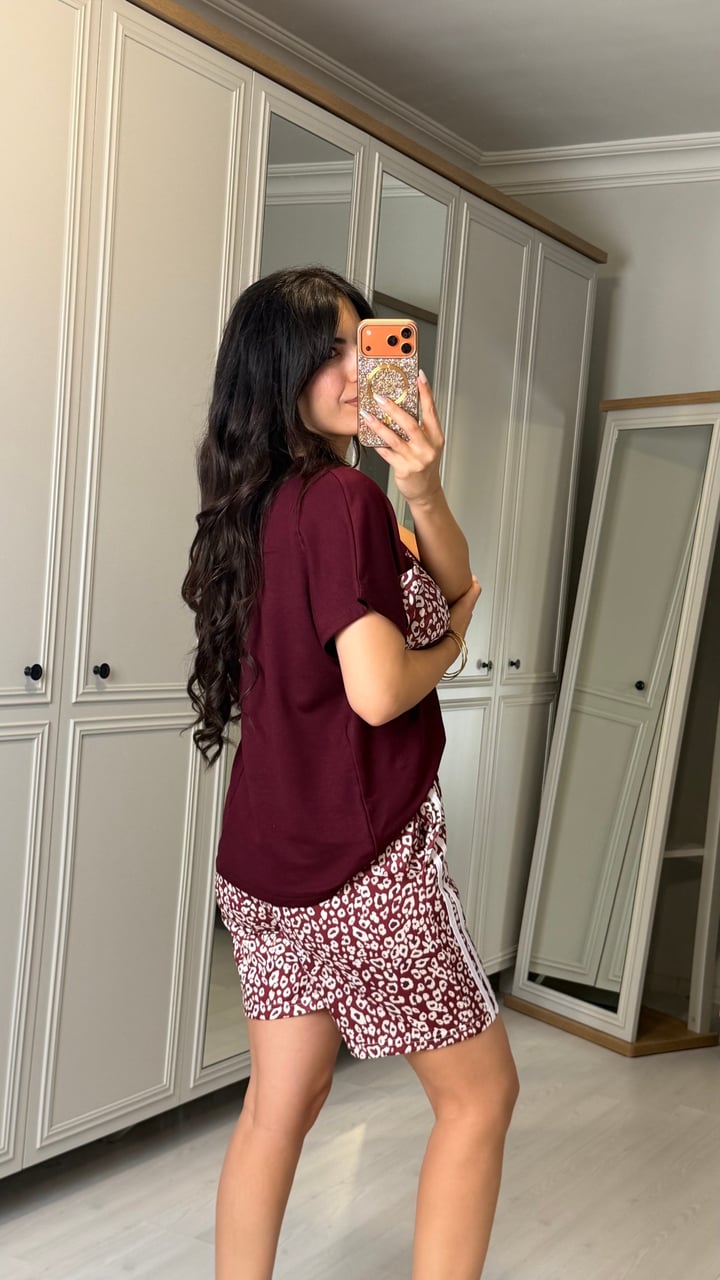 Cindy Bordo Leopar Şortlu İkili Takım