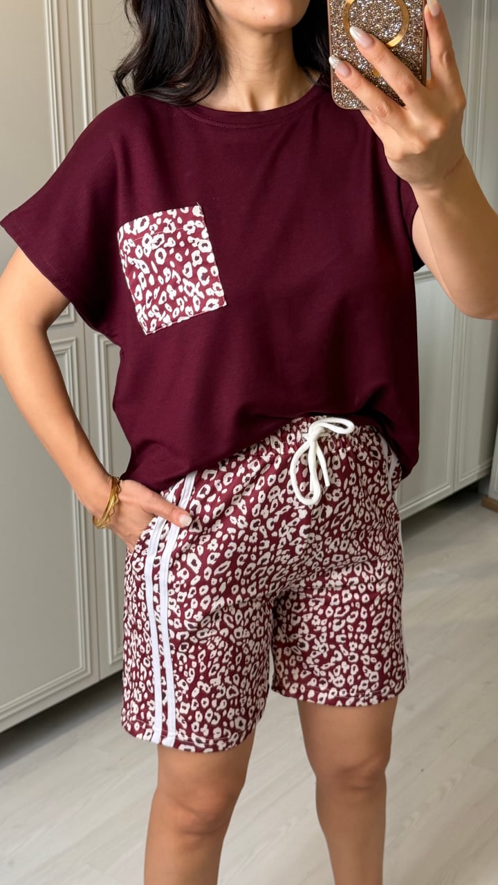 Cindy Bordo Leopar Şortlu İkili Takım