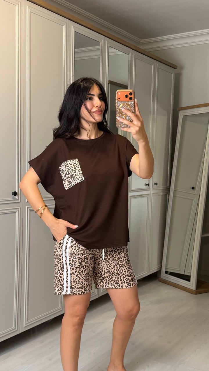 Cindy Kahverengi Leopar Şortlu İkili Takım