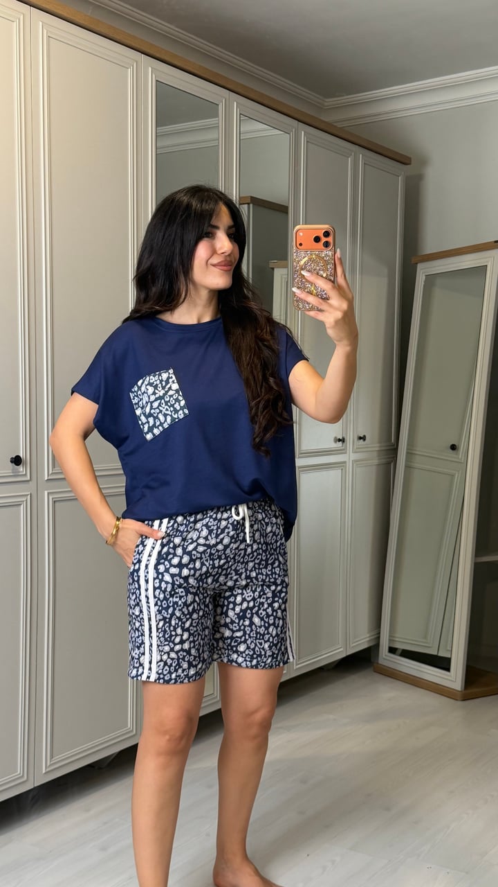 Cindy Lacivert Leopar Şortlu İkili Takım
