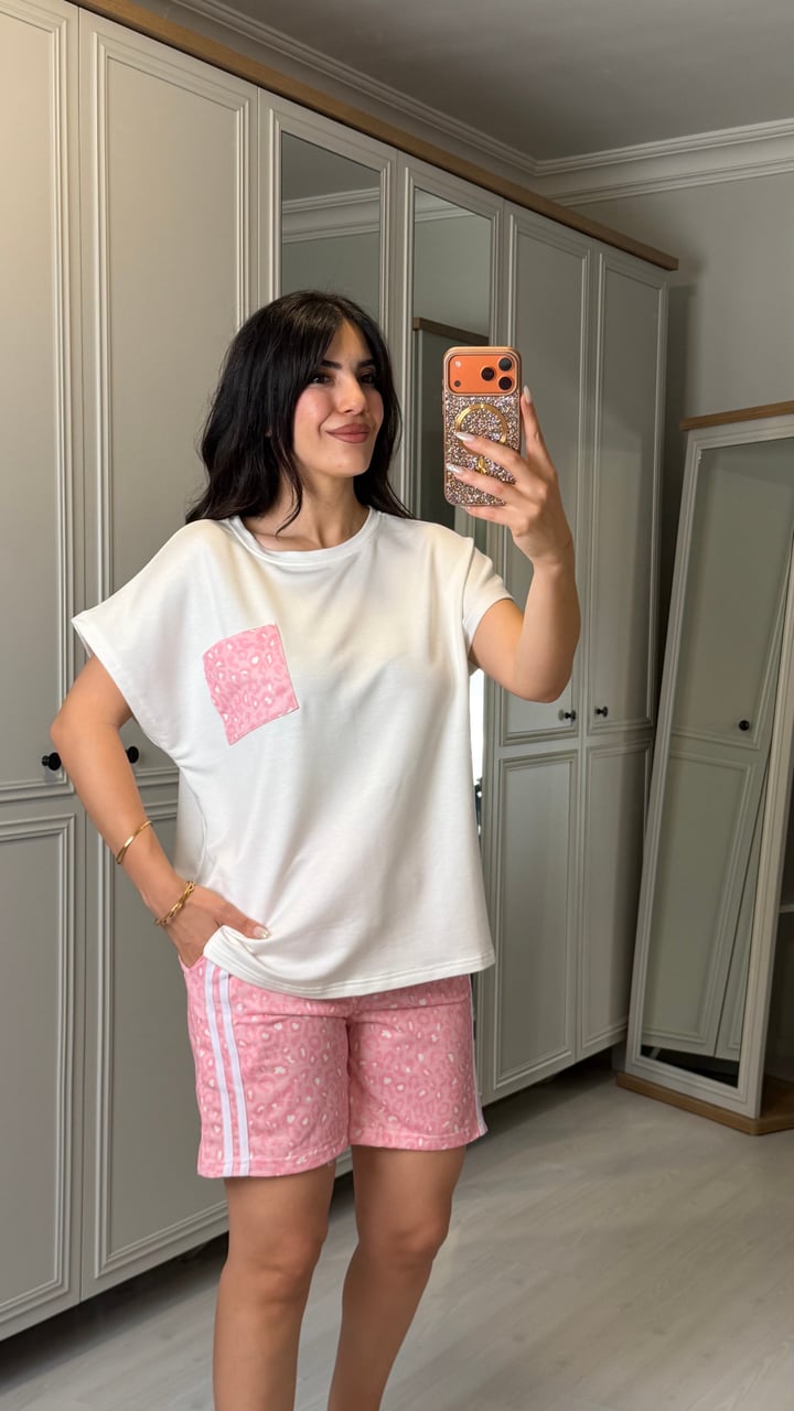 Cindy Pembe Leopar Şortlu İkili Takım