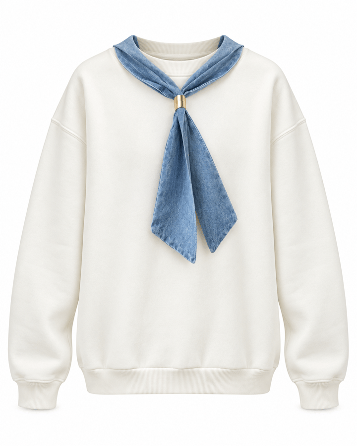 Coly Beyaz Denim Fularlı Üç İplik Sweatshirt
