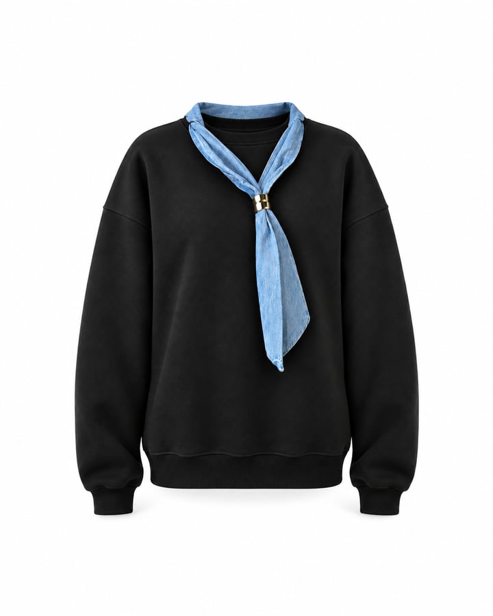 Coly Siyah Denim Fularlı Üç İplik Sweatshirt