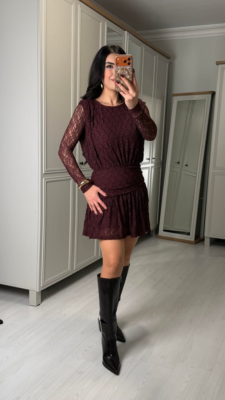 Comen Bordo Astarlı Dantel Elbise