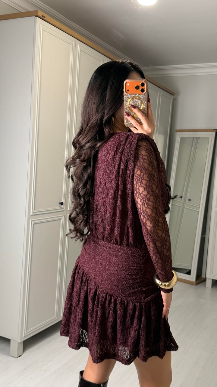 Comen Bordo Astarlı Dantel Elbise