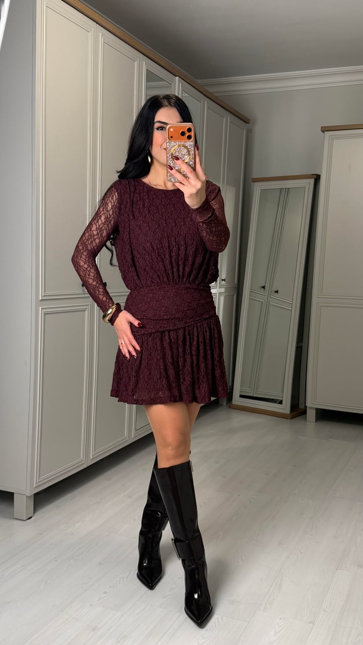 Comen Bordo Astarlı Dantel Elbise