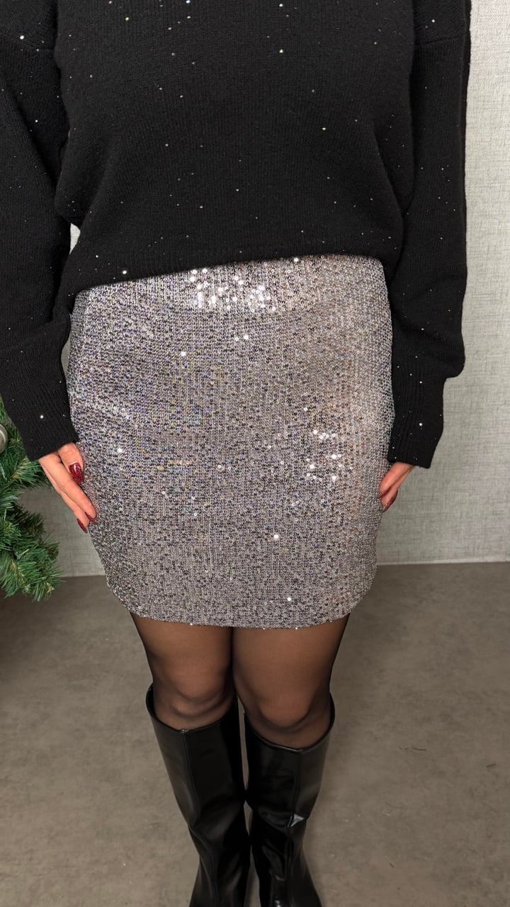 Crismas Gri Pul Payetli Astarlı Etek