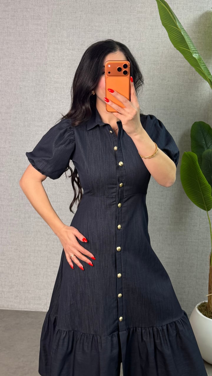 Curly Mavi Gömlek Yaka Denim Elbise