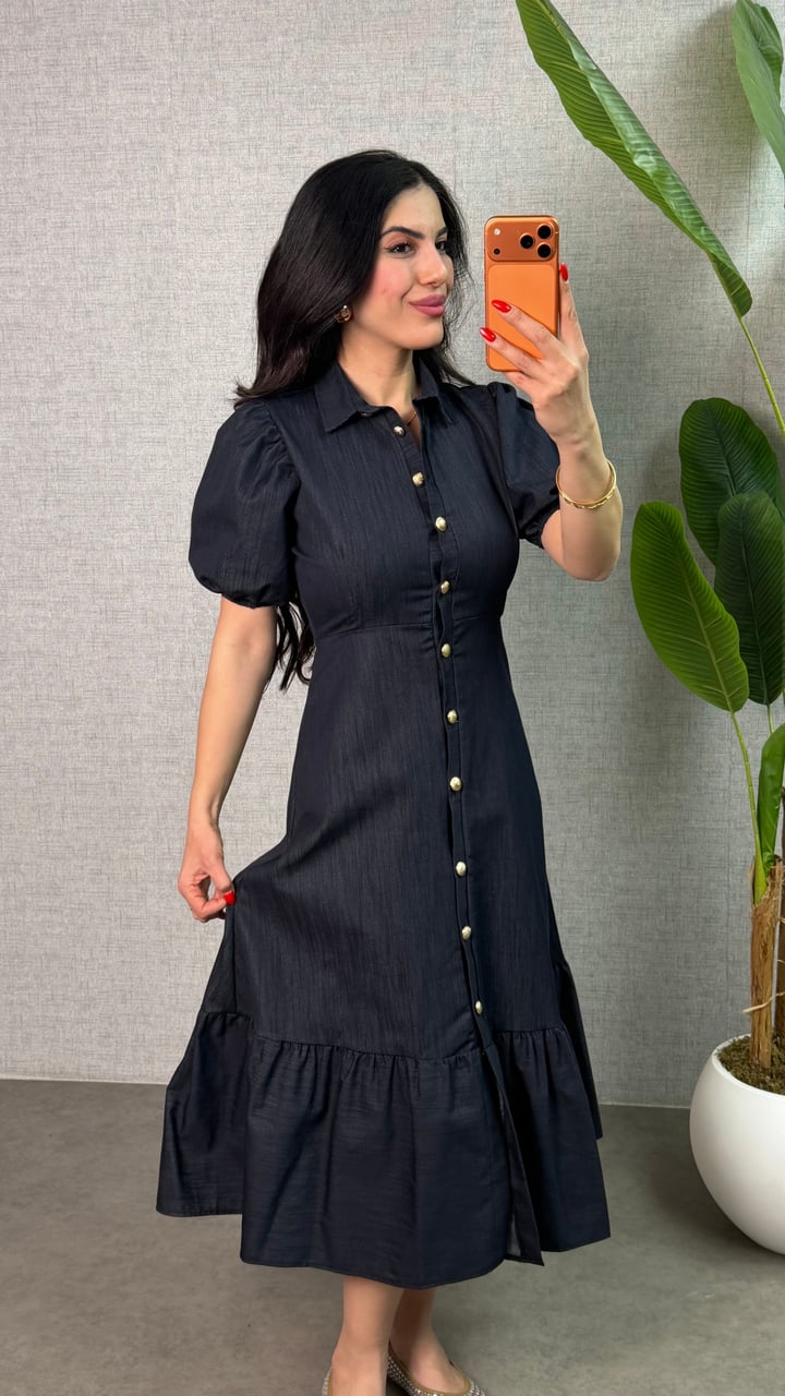 Curly Mavi Gömlek Yaka Denim Elbise