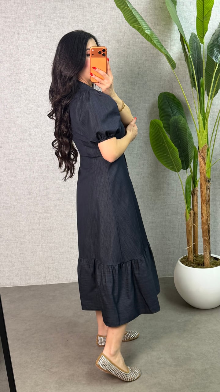 Curly Mavi Gömlek Yaka Denim Elbise