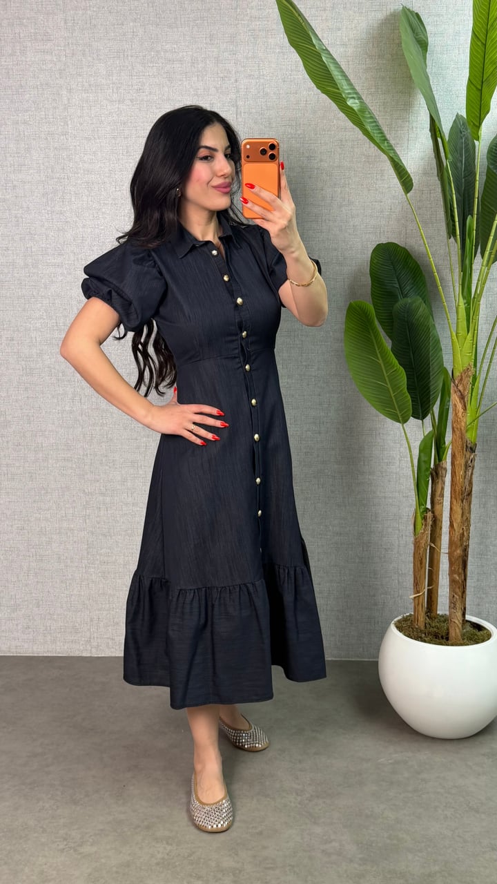 Curly Mavi Gömlek Yaka Denim Elbise