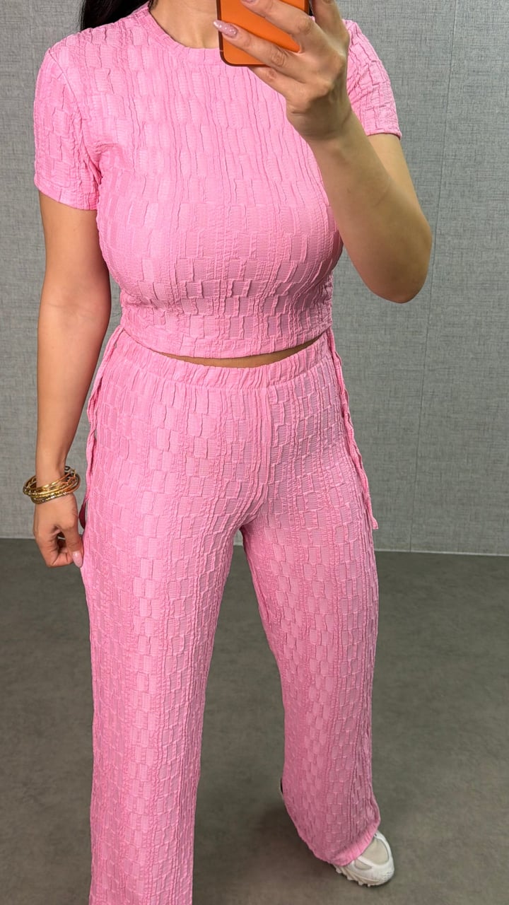 Damila Pembe Bubble Yani Büzgülü İkili Takım