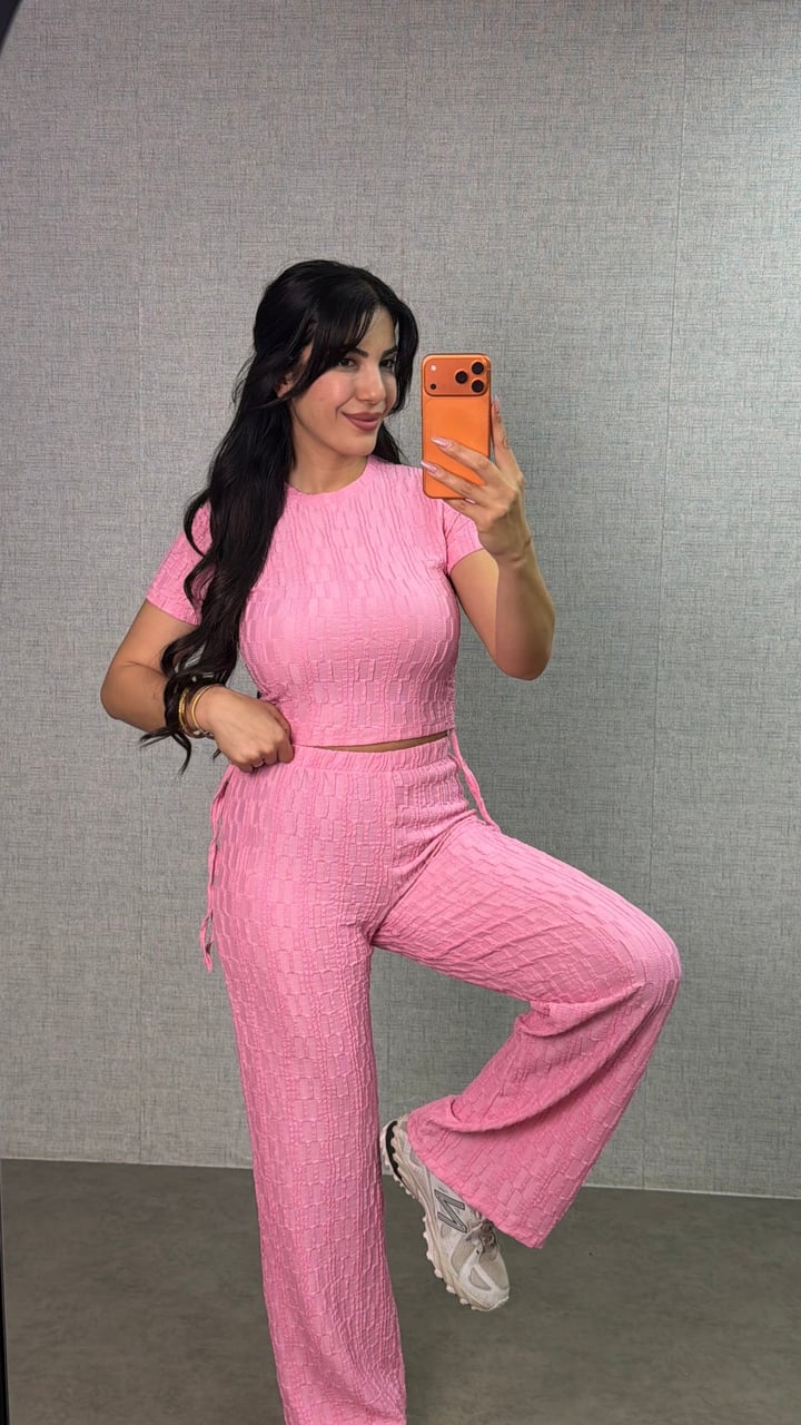 Damila Pembe Bubble Yani Büzgülü İkili Takım