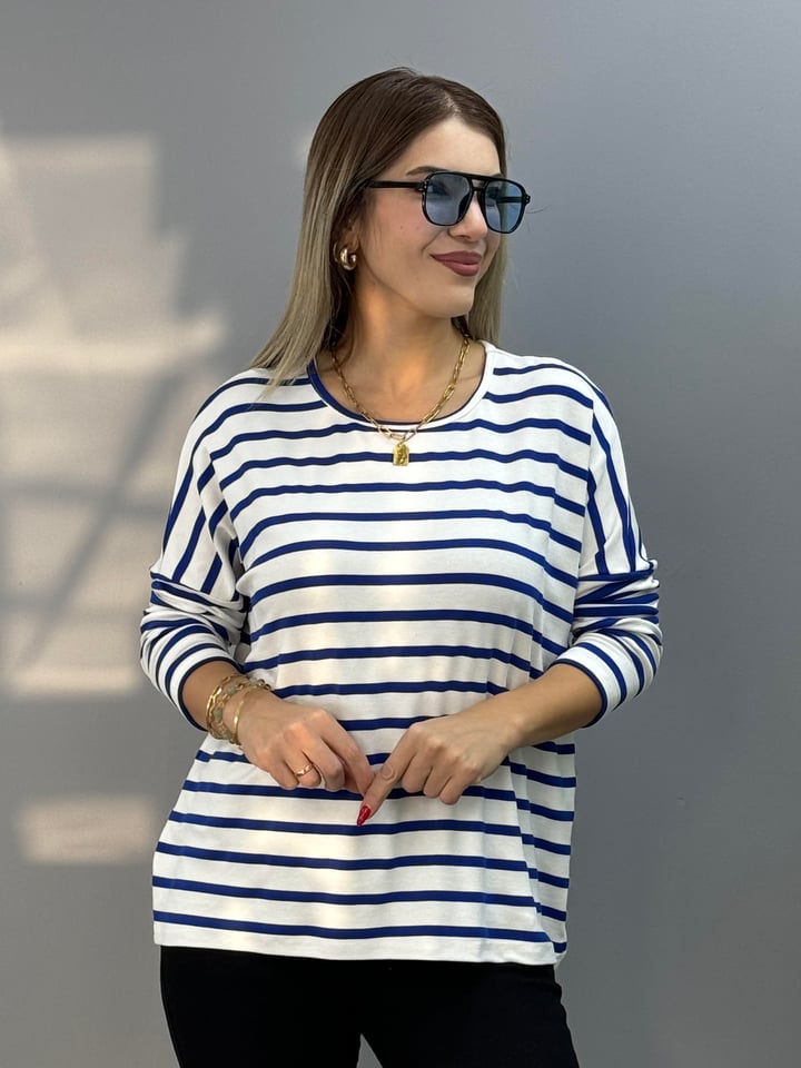 Delf Mavi Çizgili Basic Uzun Kol Tişört