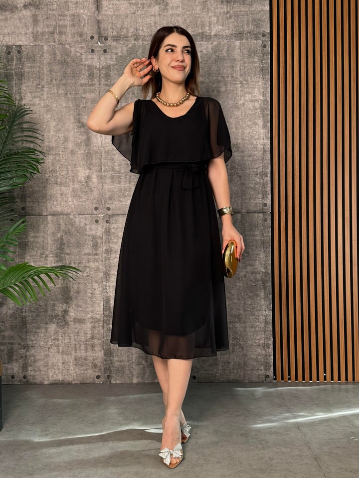 Diana Siyah Astarlı Şifon Midi Boy ELbise