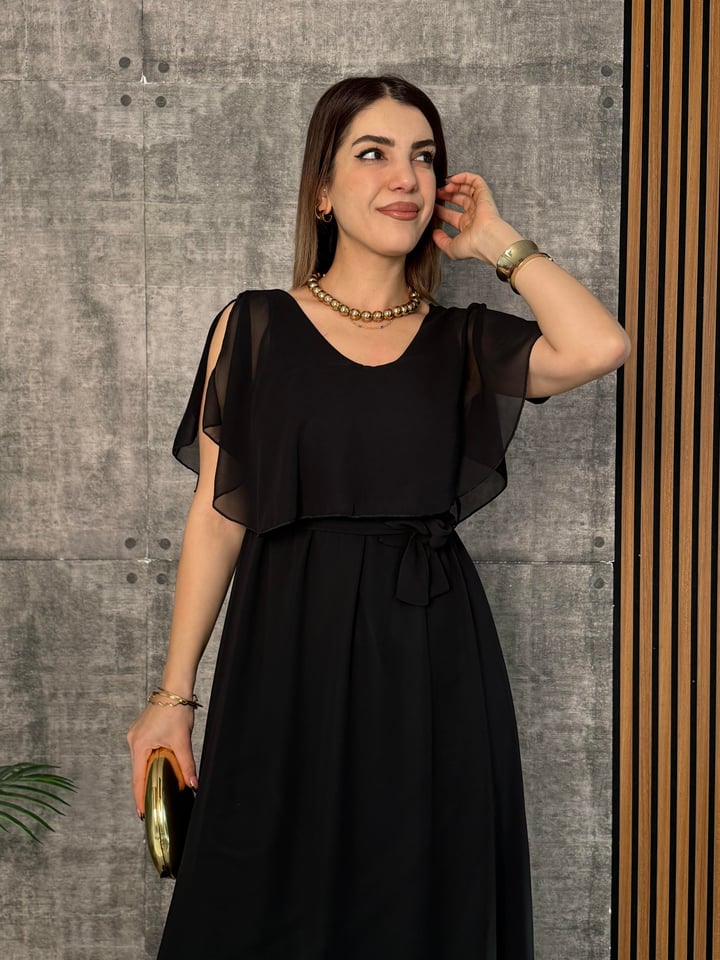 Diana Siyah Astarlı Şifon Midi Boy ELbise