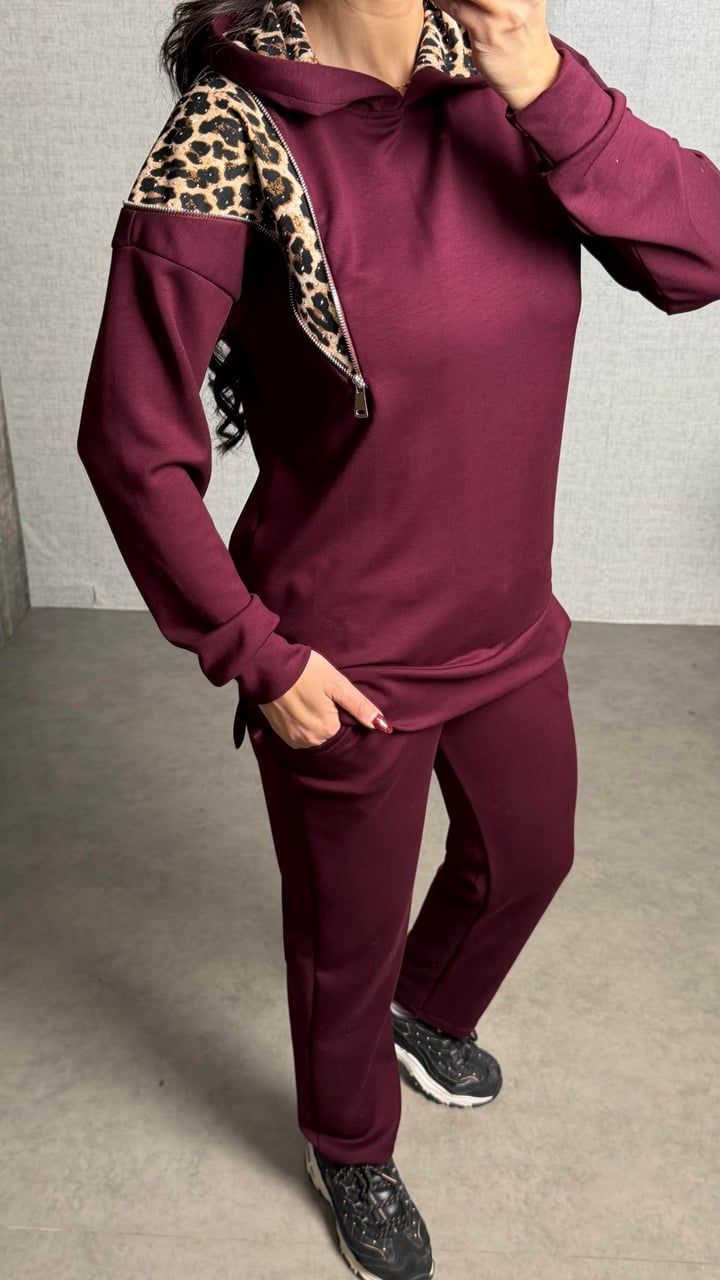 Doen Bordo Omuzu Leopar Desenli İkili Takım