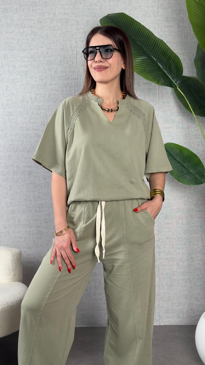 Dois Mint Yeşil Dantel Detaylı Reglan Kol Yıkamalı İkili Takım