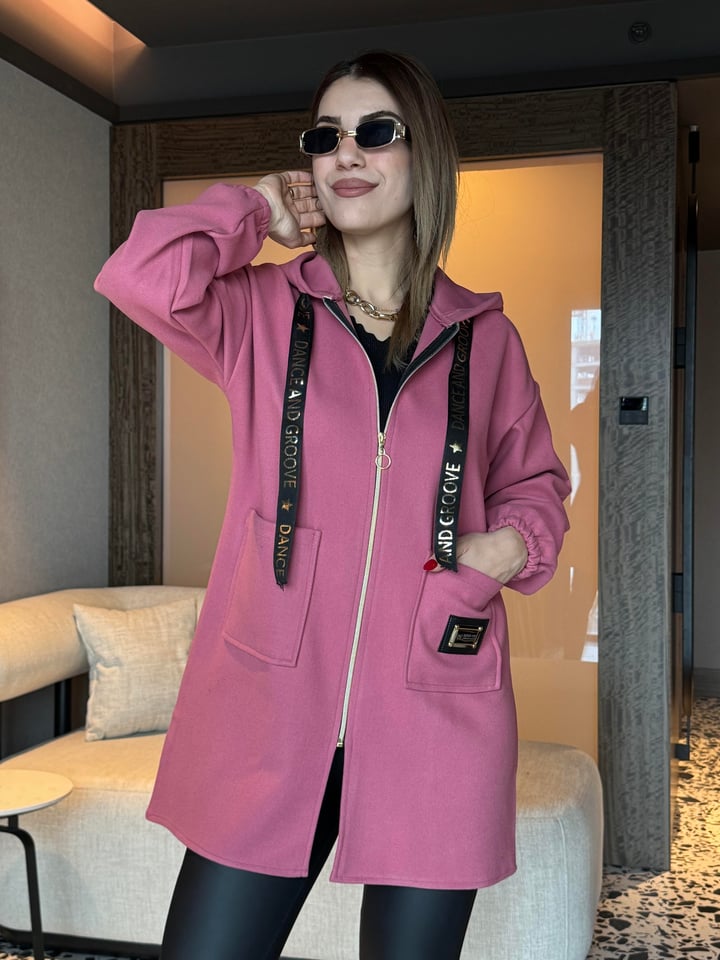 Dolce Pembe Kapüşonlu Kaşe Hırka