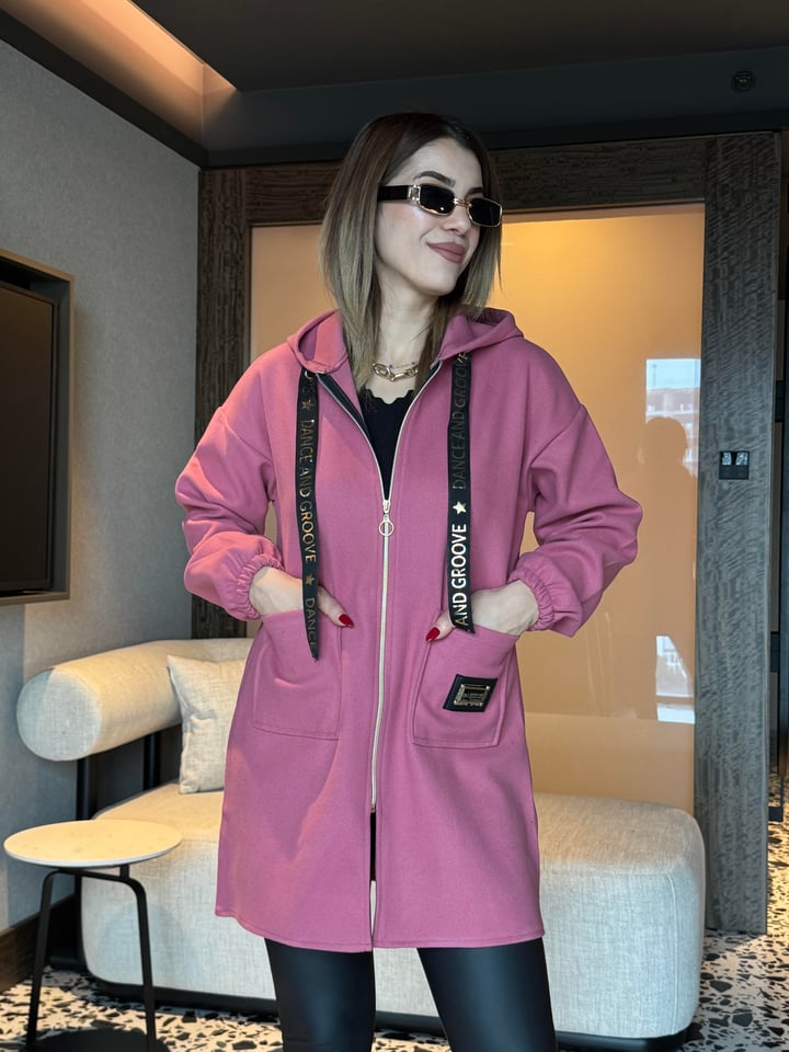 Dolce Pembe Kapüşonlu Kaşe Hırka