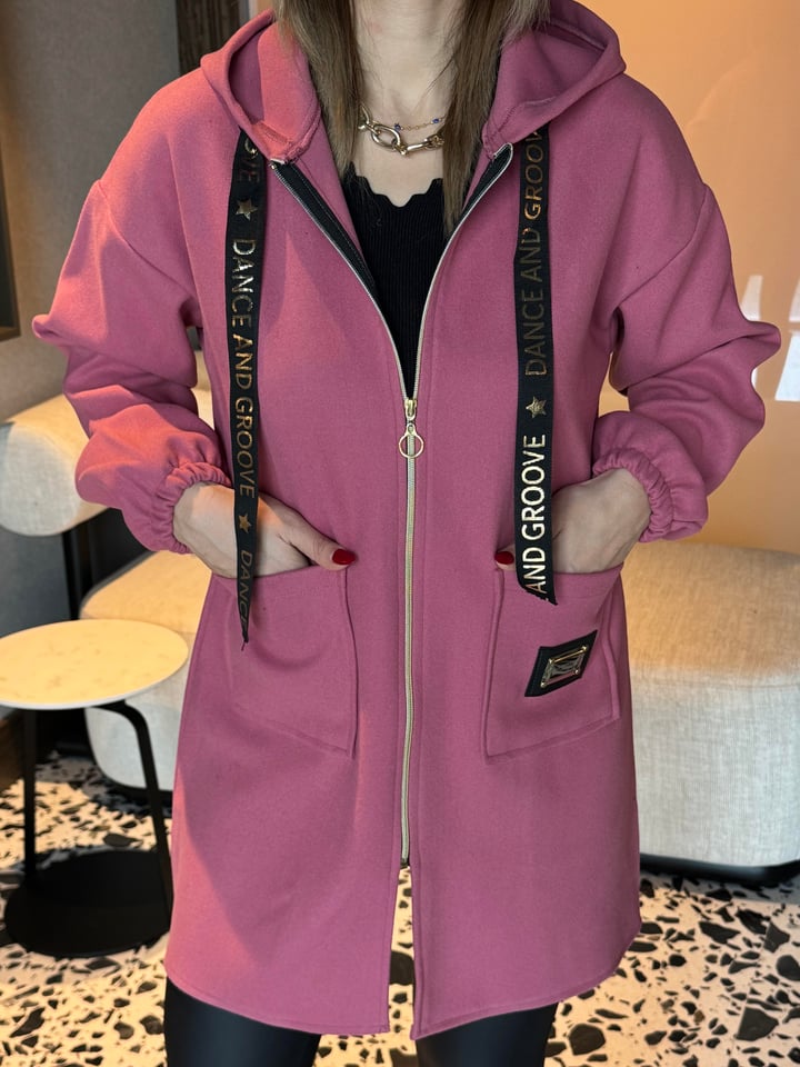 Dolce Pembe Kapüşonlu Kaşe Hırka
