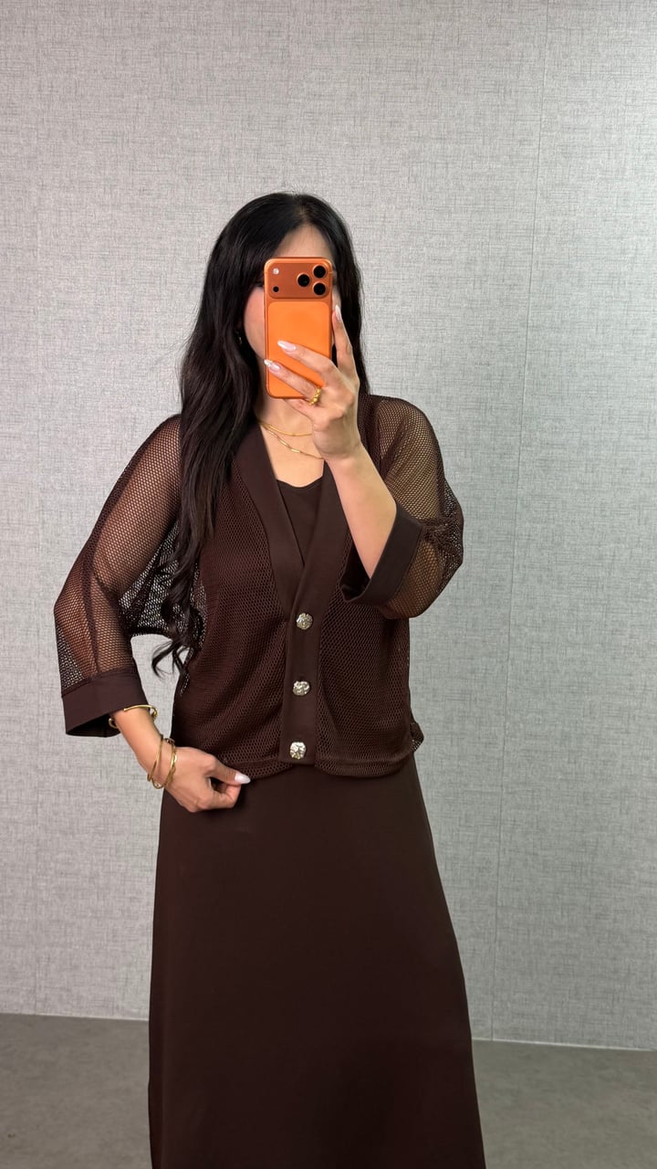 Doly Kahverengi Fileli Elbise Takım