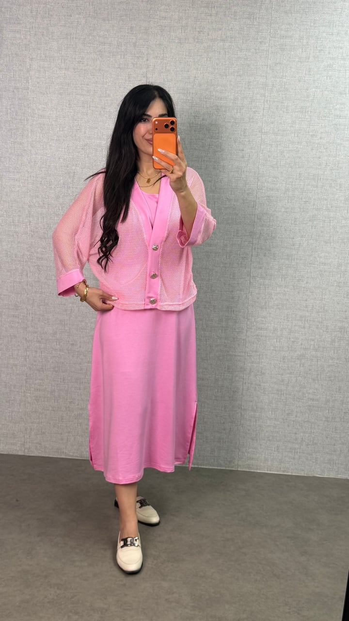 Doly Pembe Fileli Elbise Takım