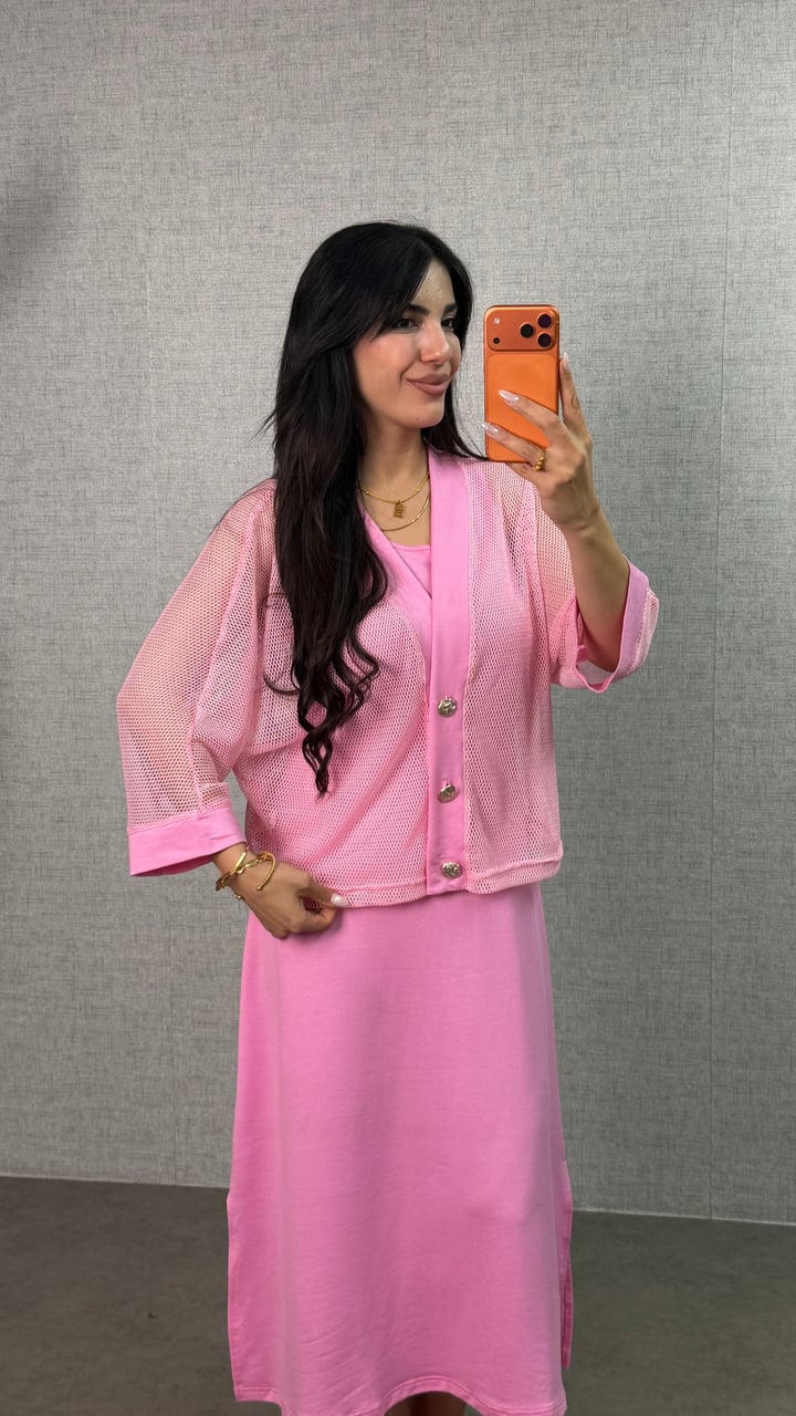 Doly Pembe Fileli Elbise Takım