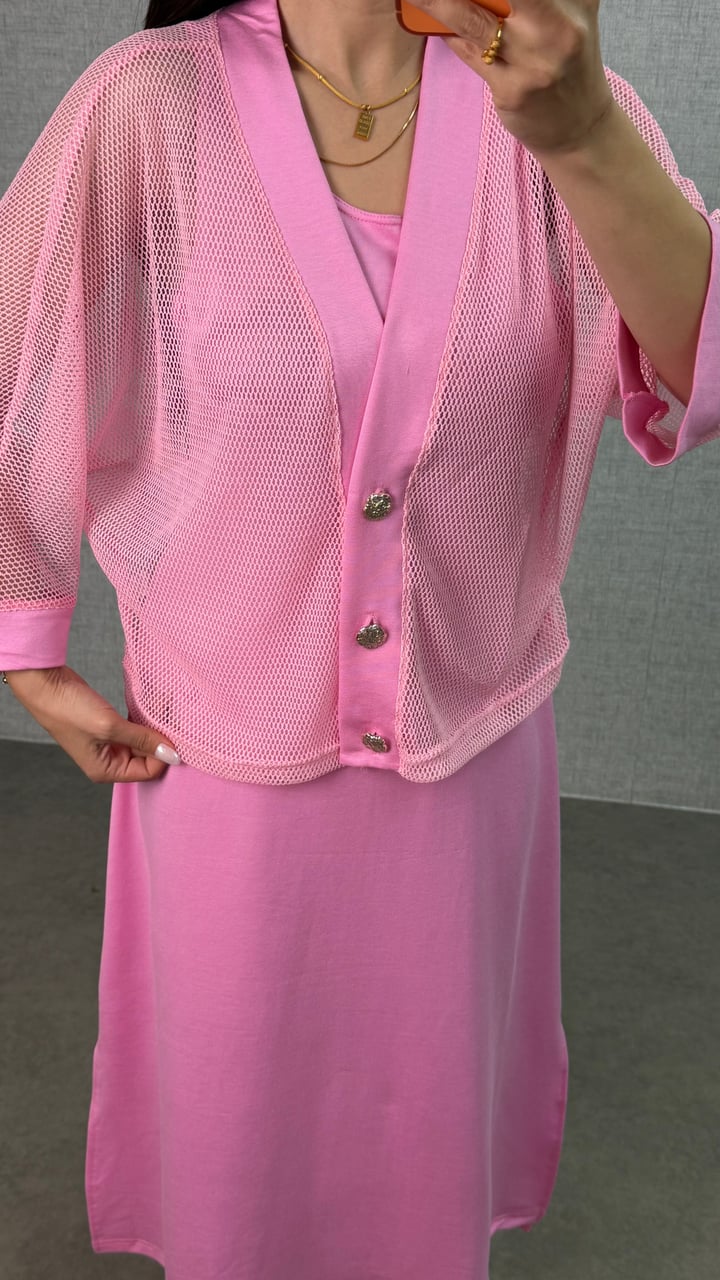 Doly Pembe Fileli Elbise Takım
