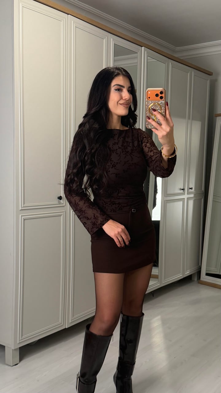 Dorin Kahverengi Dantel Desenli Astarlı Bluz