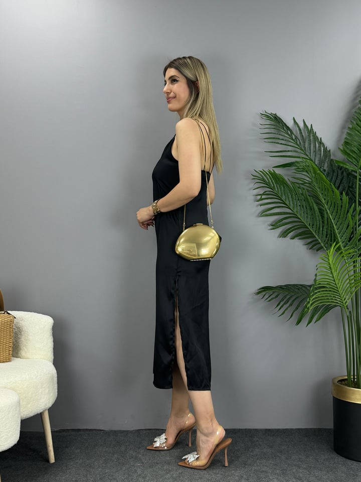 Dres Siyah İp Askılı Saten Elbise