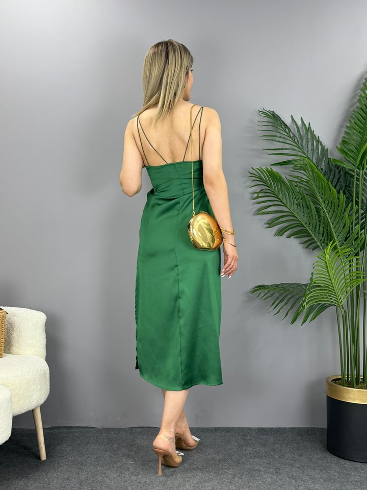 Dres Yeşil İp Askılı Saten Elbise