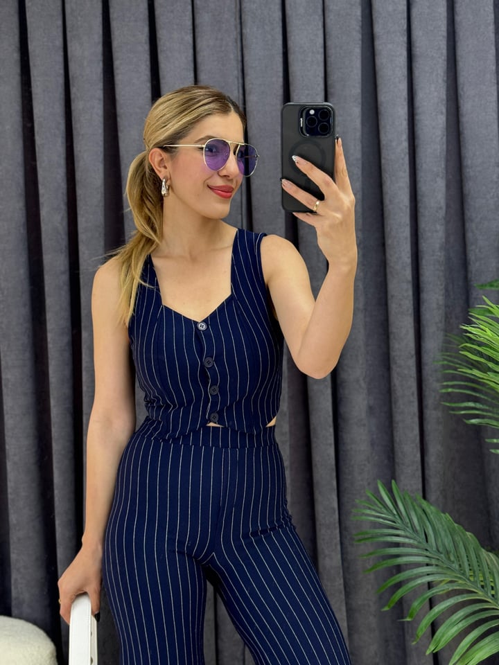 Edina Lacivert Çizgili Yelekli 2'li Takım