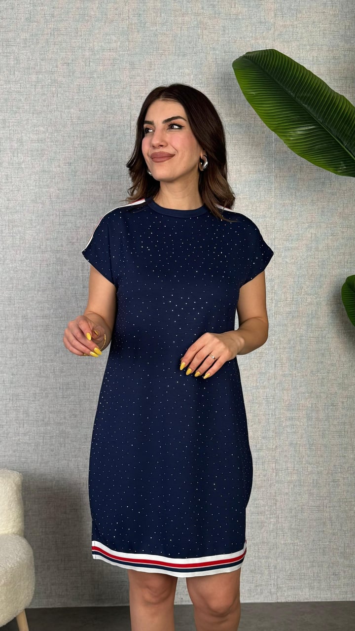 Elena Lacivert Taşlı Şeritli Modal Elbise