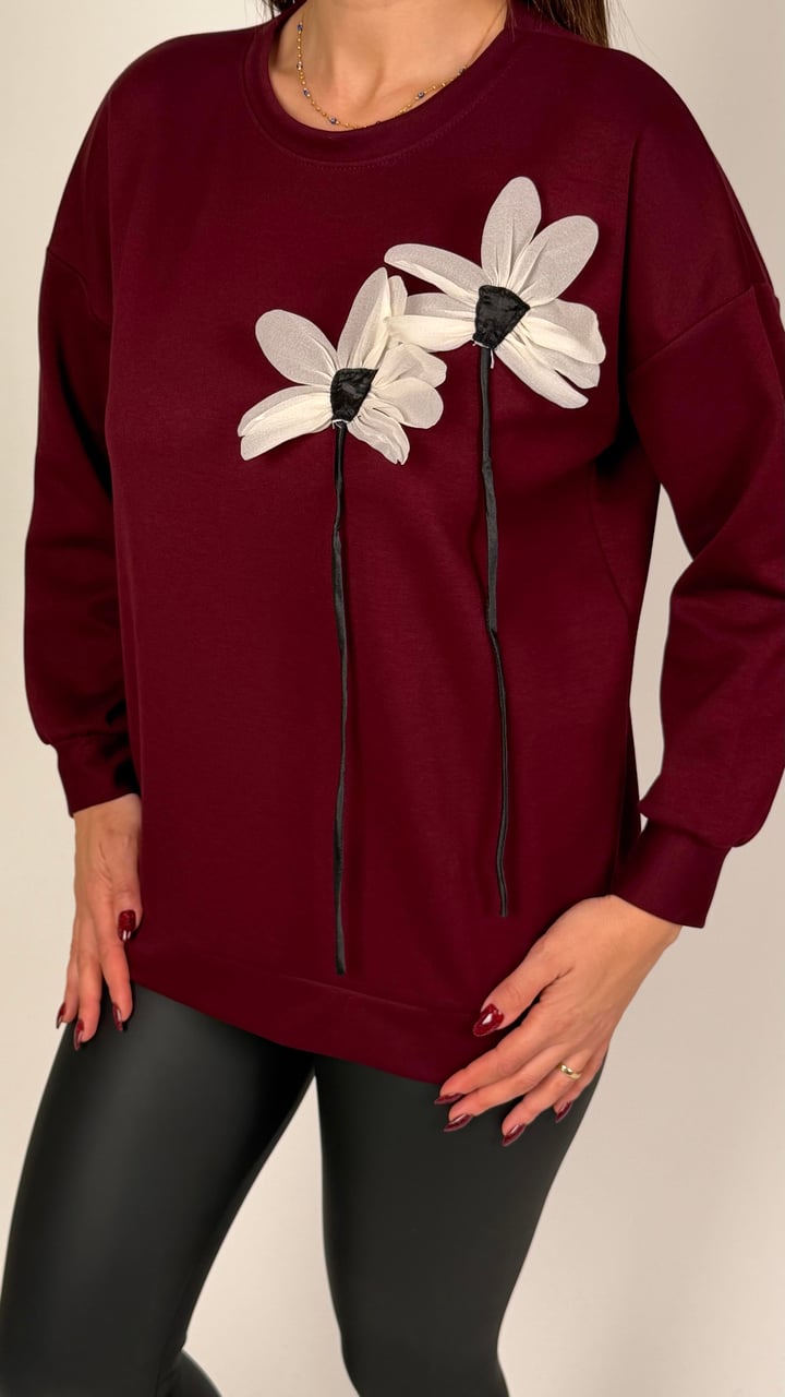 Emma Bordo Çiçekli Modal Sweatshirt 