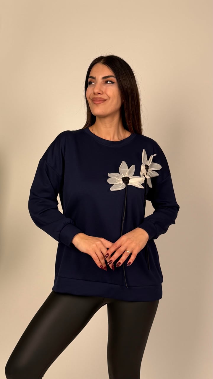 Emma Lacivert Çiçekli Modal Sweatshirt 