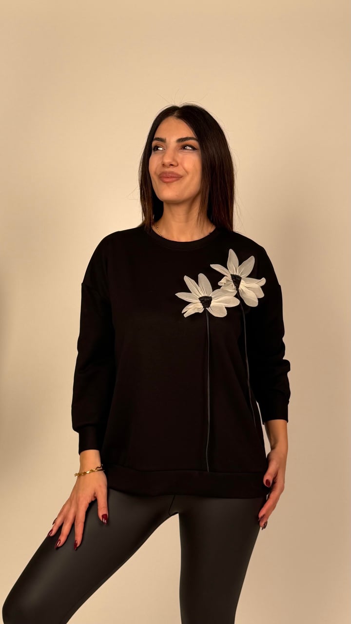 Emma Siyah Çiçekli Modal Sweatshirt 