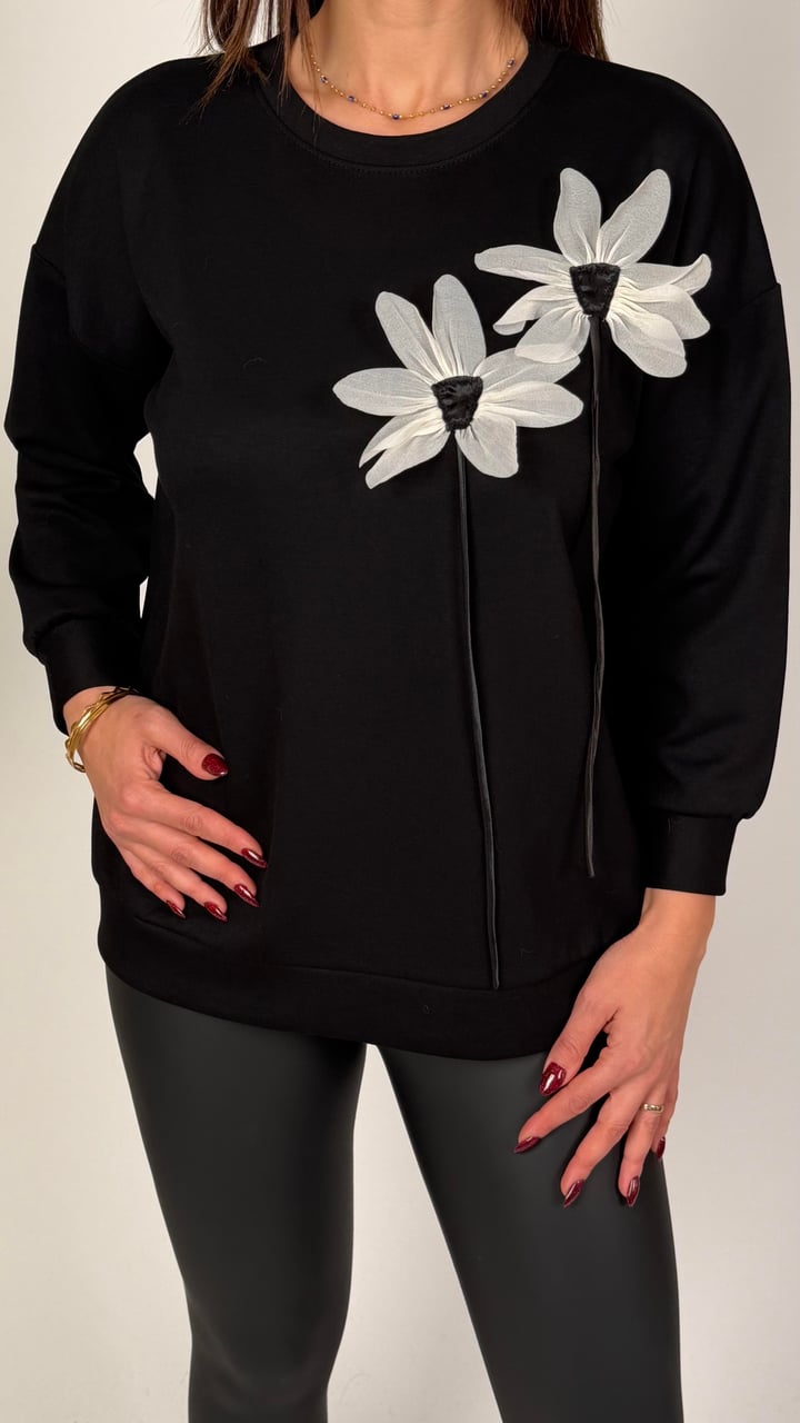 Emma Siyah Çiçekli Modal Sweatshirt 
