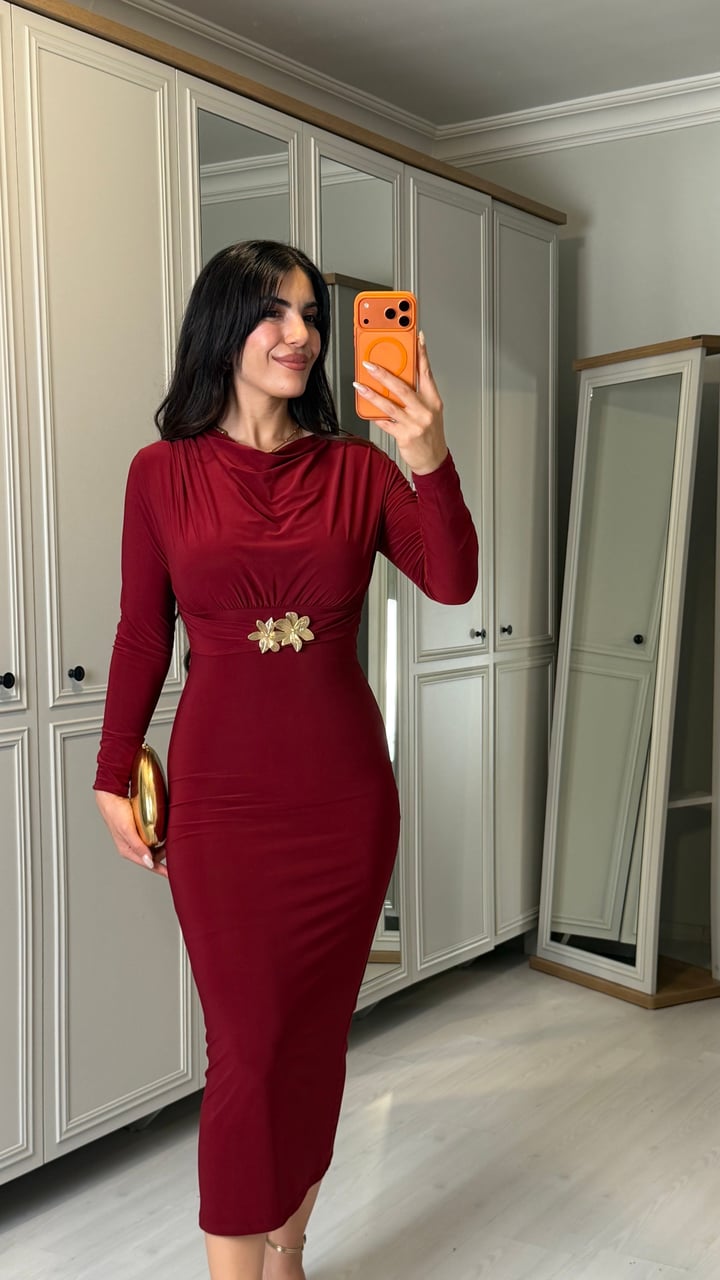 Evra Bordo Gold Tokalı Sandy Elbise