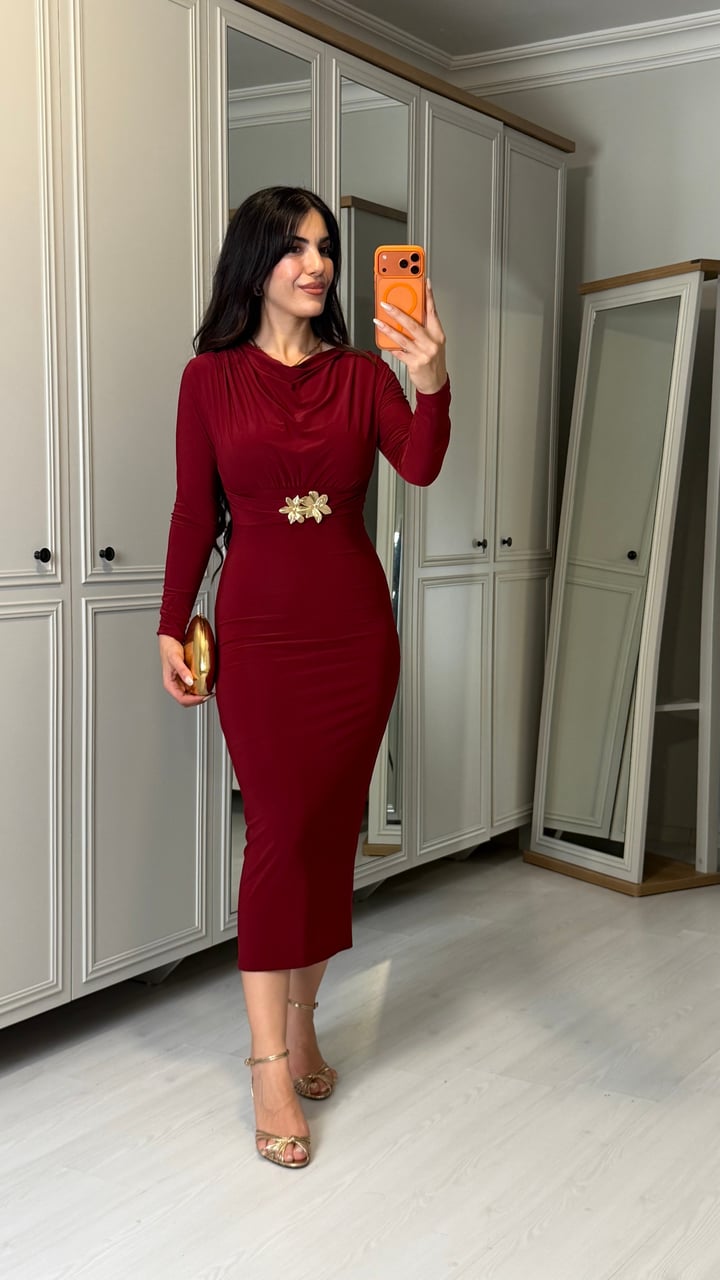 Evra Bordo Gold Tokalı Sandy Elbise