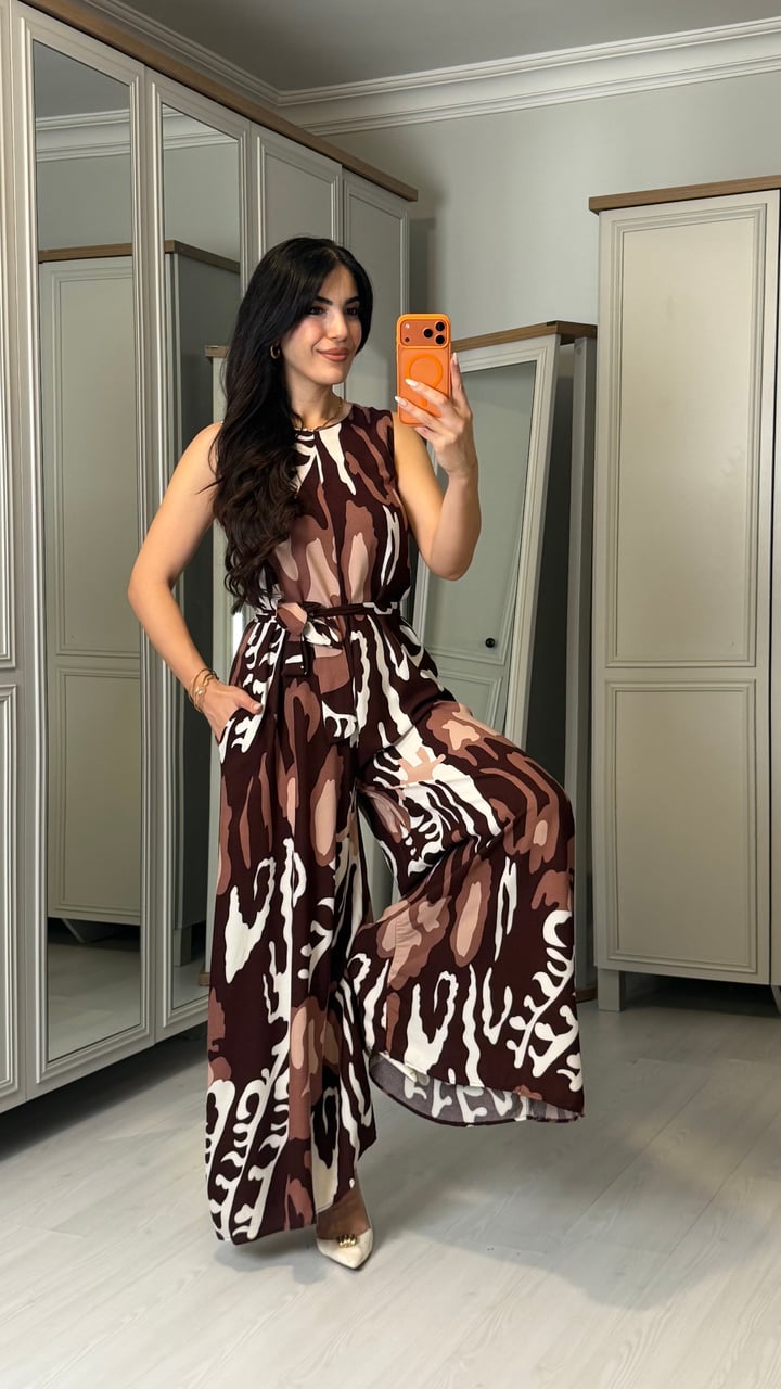 Favel Koyu Kahverengi Desenli Kemerli Bol Paça Tulum
